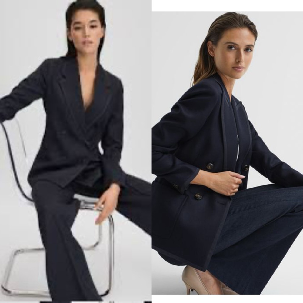 $515 Reiss Raven Soft Denim Look double breasted blazer size 12